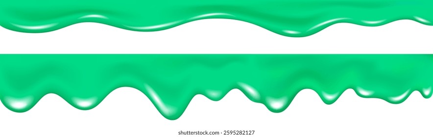 Dripping matcha tea or mint pistachio ice cream. Melting and flowing green fruit syrup, cream, sauce, paint or glaze. Kiwi drips background. Melted jelly or yogurt border. Vector slime texture.