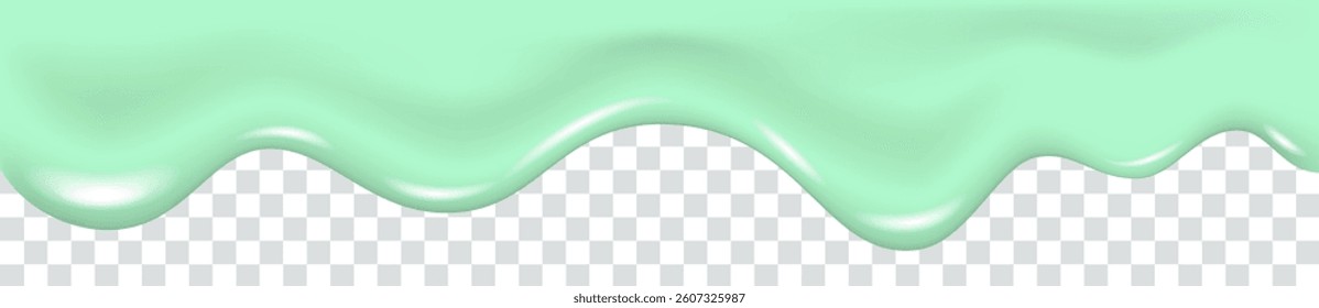 Dripping matcha tea or mint pistachio ice cream. Melting and flowing green fruit syrup, cream, sauce, paint or glaze. Kiwi drips background. Melted jelly or yogurt border. Vector slime texture.