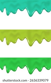 Dripping matcha tea or mint pistachio ice cream. Melting and flowing green fruit syrup, cream, sauce, paint or glaze. Kiwi drips background. Melted jelly or yogurt border. Vector slime texture.