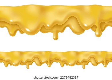 Dripping melted cheese drops or mustard sauce design. Vector 3d liquid paint stain illustration. Realistic horizontal seamless border isolated.