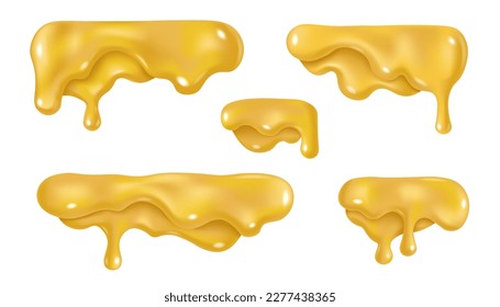 Dripping melted cheese drops or mustard sauce design. Vector 3d liquid paint stain illustration. Realistic horizontal border elements isolated.