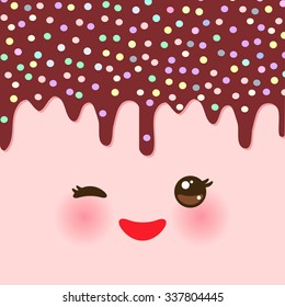 Dripping Melted chocolate Glaze with sprinkles. Kawaii cute face with eyes and smile. pink background for your text. Vector