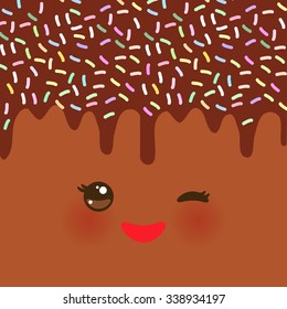 Dripping Melted chocolate Glaze with sprinkles. Kawaii cute face with eyes and smile. Brown background for your text. Vector