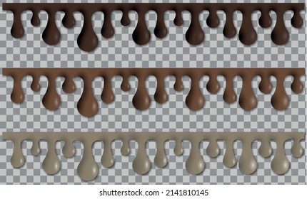 Dripping Melted Chocolates Isoalted. Realistic 3d Vector Illustration of Liquid Chocolate Cream or Syrup 