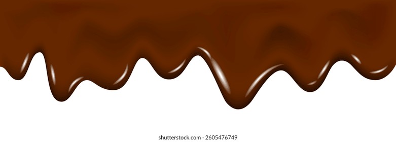 Dripping melted dark chocolate texture. Isolated liquid cocoa cream splash or brown syrup flowing. 3d drip flow. Realistic vector border of glaze for dessert decoration.