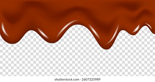 Dripping melted dark chocolate texture. Isolated liquid cocoa cream splash or brown syrup flowing. 3d drip flow. Realistic vector border of glaze for dessert decoration.