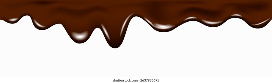Dripping melted dark chocolate texture. Isolated liquid cocoa cream splash or brown syrup flowing. 3d drip flow. Realistic vector border of glaze for dessert decoration.