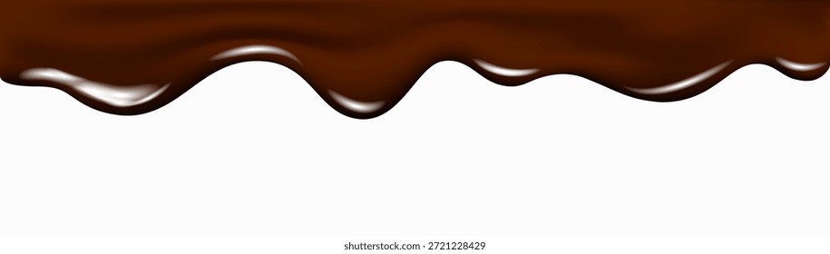 Tropfgeschmolzene dunkle Schokoladentextur. Isolierte flüssige Kakaocreme Spritzer oder brauner Sirup fließend. 3D-Tropfstrom. Realistische Vektorrahmen aus Glasur für die Dekoration von Desserts.
