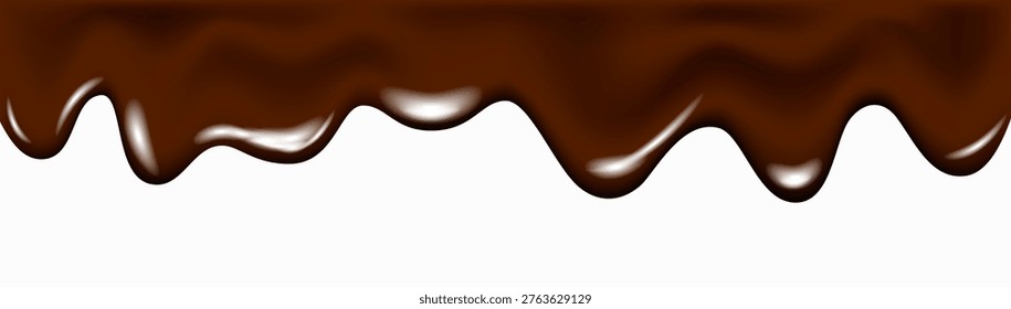 Dripping melted dark chocolate texture. Isolated liquid cocoa cream splash or brown syrup flowing. 3d drip flow. Realistic vector border of glaze for dessert decoration.