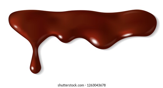 Dripping melted dark or milk chocolate isolated on white background. Realistic vector 3d illustration of brown cream sauce or syrup drop. Horizontal border elements. Dropping liquid cocoa