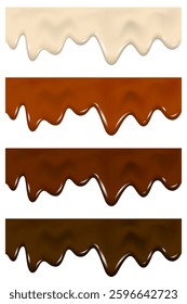 Dripping melted dark, milk, white chocolate texture. Isolated liquid cocoa cream splash or brown syrup flowing. 3d drip flow. Set realistic vector border of glaze.