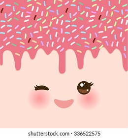 Dripping Melted pink raspberry strawberry Glaze with sprinkles. Kawaii cute face with eyes and smile. pink background for your text. Vector