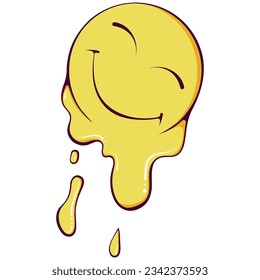 Dripping melting happy smile. Psychedelic funny surreal yellow smiley face. Hippie retro groovy smiling face. Vector hand drawn cartoon character illustration isolated on white. Graffiti style