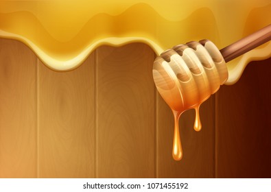 Dripping melting honey drops background with honey dipper realistic vector illustration