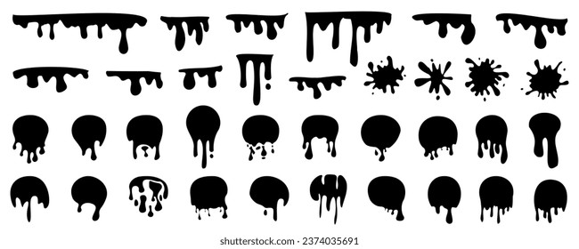 Dripping or melting texture element collection. Paint dripping. Dripping liquid. Black dripping ink