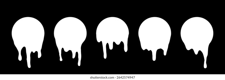 Dripping milk icons. Set of white round shapes with dripping liquid texture on black background. Isolated vector illustrations.