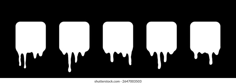 Dripping milk icons. Set of white square shapes with dripping liquid texture on black background. Isolated vector illustrations.