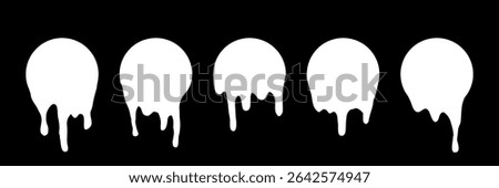 Dripping milk icons. Set of white round shapes with dripping liquid texture on black background. Isolated vector illustrations.