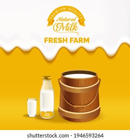 Dripping Milk On A Orange Gradient With Dairy Products, Fresh Farm Milk Poster Template. Modern Typography,with Milk Logo