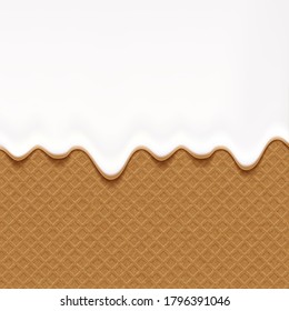 dripping milk,white chocolate, yogurt or cream on a brown wafer background,sweet texture, soft icing