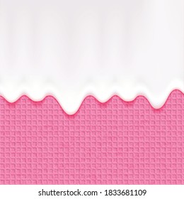 dripping milk,white chocolate, yogurt or cream on a pink wafer background,sweet texture, soft icing