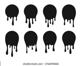 Juego de manchas de aceite de goteo. Pintura de goteo o goteo de mancha de salsa. Salsas negras saltean manchas redondas corrientes, pinturas de tinta goteo o chocolate líquido. Ilustración vectorial. EPS 10