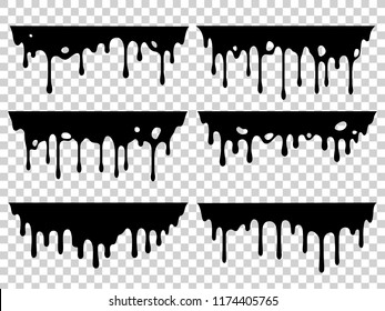 Dripping Oil Stain. Liquid Ink, Paint Drip And Drop Of Drippings Stains Watercolor Splash, Blood Or Sauce Spray. Black Drips Resin Inked Drops Isolated Vector Symbols Silhouette Set