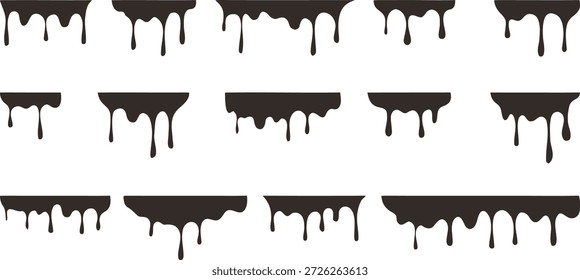 Borda de pintura de gotejamento definida isolada no fundo branco. Tinta preta e bordas de gotejamento líquido formando divisores decorativos grunge. Elementos de design urbano para cartazes estilo grafite, banners e layouts gráficos.
