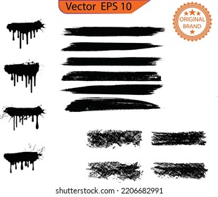 Dripping paint drips background. Design overlay element. Drips illustration. Collection of dripping brush stroke paints. Black paint, ink brush strokes, brushes, lines. Transparent background