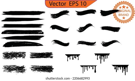El goteo de pintura gotea sobre el fondo. Elemento de superposición de diseño. Ilustración detallada. Colección de pinturas de trazo de pincel de goteo. Pintura negra, pinceladas de pincel de tinta, pinceles, líneas. Fondo transparente