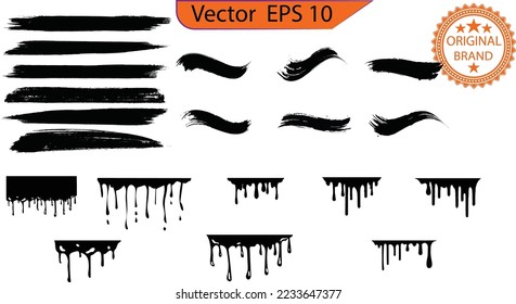Dripping paint drips background. Design overlay element. Drips illustration. Black paint, ink brush strokes, brushes, lines. Transparent background