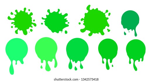 Dripping paint icon set. Current liquid. Paint flows. Melted circle logo. Current paint, stains. Current inks. green ink. vector illustration
