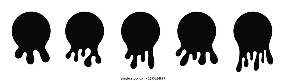 Dripping paint icon set. Current liquid. Paint flows. Melted circle logo. Current paint, stains. Current inks. Vector illustration