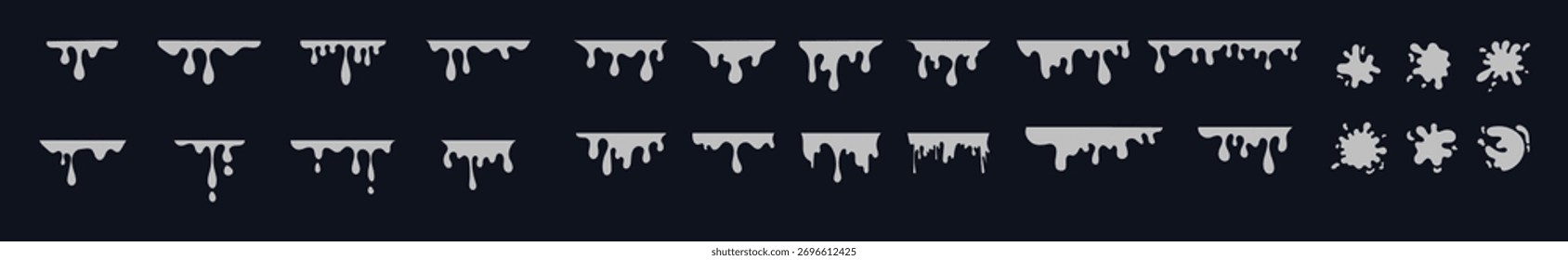Conjunto de iconos de pintura goteante. Líquido actual. La pintura fluye. Logotipo del círculo derretido. Pintura actual, manchas. Gráfico para App, Sitio web, ordenador, teléfono móvil, fondo, cómic. Ilustración vectorial blanca negra