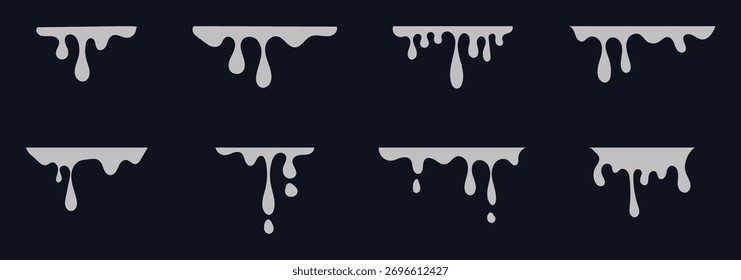 Dripping conjunto de ícones de pintura. Líquido corrente. Pinta os fluxos. Logotipo do círculo derretido. Tinta atual, manchas. Gráfico para aplicativo, site, computador, telefone celular, fundo, quadrinhos. Ilustração de vetor branco preto
