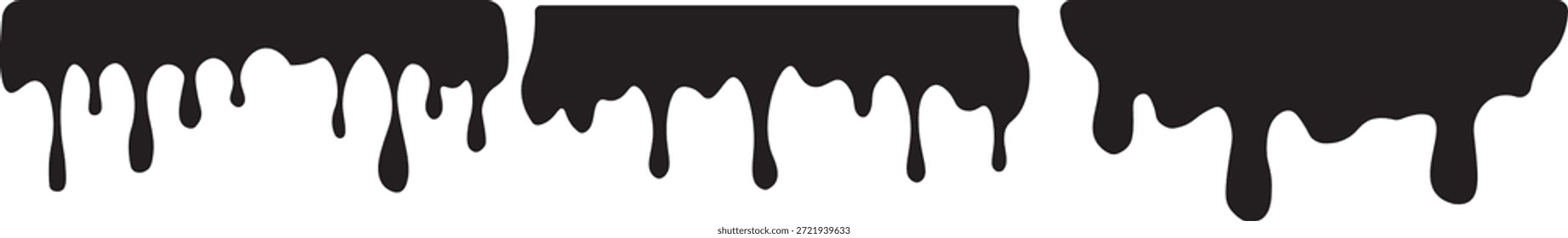 Gotejamento de tinta e fluxo líquido - tinta, chocolate, óleo e derreter gotas. Pinta os fluxos. Tinta atual, manchas. Quedas atuais. Gráficos estilizados com tinta preta escorrendo em preto sobre plano de fundo transparente