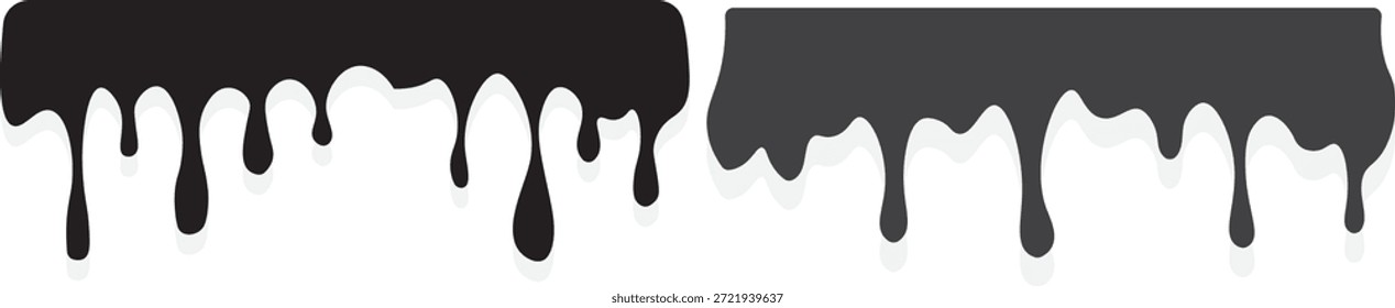 Gotejamento de tinta e fluxo líquido - tinta, chocolate, óleo e derreter gotas. Pinta os fluxos. Tinta atual, manchas. Quedas atuais. Gráficos estilizados com tinta preta escorrendo em preto sobre plano de fundo transparente