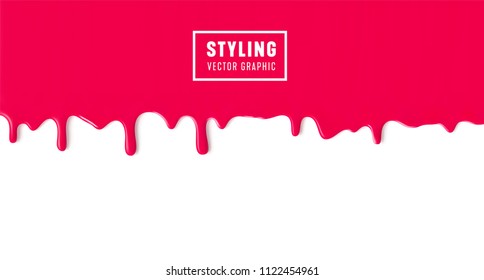 Dripping paint, liquid flowing down red texture on white background.