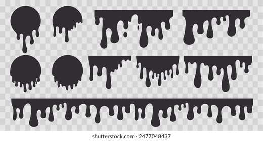 Dripping Paint molten splash, liquid flow abstract shape stain isolated on transparent background. Fluid trickle, border or stencil.