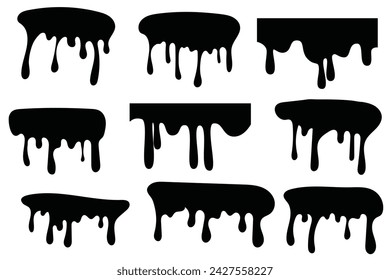 Juego de pinturas goteras. Goteo de líquido. La pintura fluye. Pintura actual, manchas. Caídas de corriente. Ilustración vectorial. Líquido que fluye. Gotas de esténcil. Salpicaduras de pintura. Chocolate fundido.