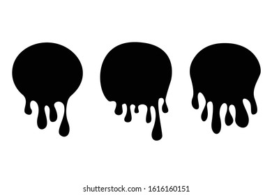 Dripping paint, dripping stains set. Black drop paint, sauce stains, circle oil blobs, liquid chocolate, round ink splash. Vector illustration