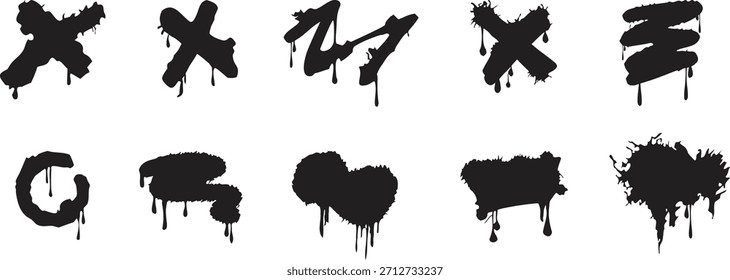 Pintar gotejando conjunto de símbolos com negrito grunge splat formas, traços manchados, marcas de grafite e texturas de borrão de tinta para elementos de design urbano rua arte e efeitos gráficos ousados.