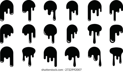 Conjunto de iconos de Vector de pintura goteante con gotas líquidas negras y siluetas de baba derretida. Formas de tinta aisladas y manchas fluidas perfectas para logotipos de graffiti o Diseño gráfico.