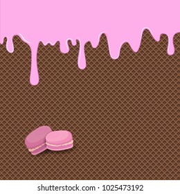 Dripping pink cream with macaroons flowing over waffle  texture background, vector art and illustration.