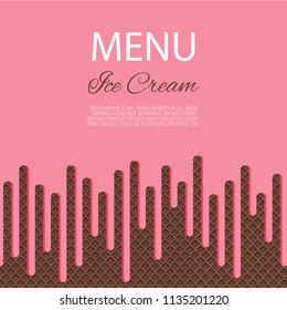 Dripping pink ice cream flowing over waffle texture background.