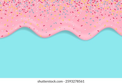 Dripping pink sweet donut glaze vector background, Colorful sprinkles banner background