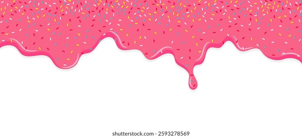 Dripping pink sweet donut glaze vector background, Colorful sprinkles banner background