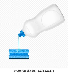 Dripping pouring detergent sponge realistic composition on transparent background with white plastic bottle of dishwashing liquid vector illustration