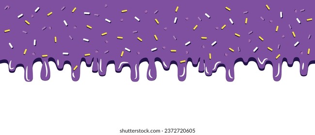 Dripping purple cream with sprinkles on white background