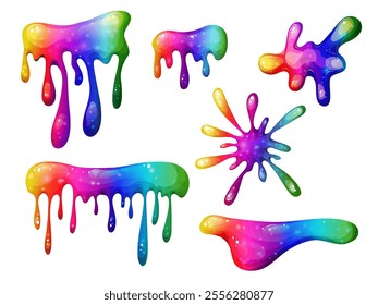 Dripping rainbow slime illustration with vibrant colors. Rainbow splash collection on a transparent background. Great for adding playful, toxic-looking splats and liquid effects to your illustrations.